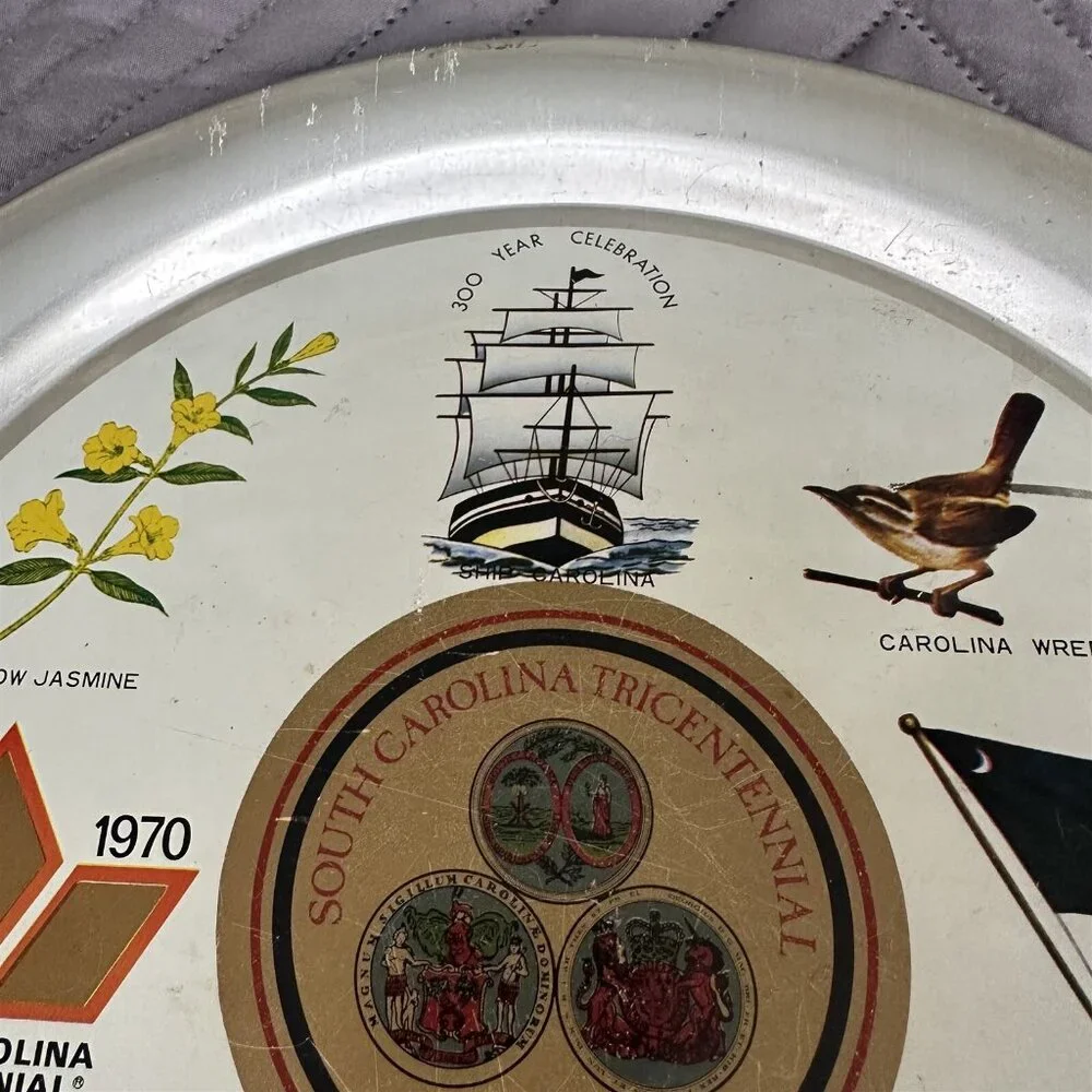 Vintage South Carolina Tricentennial Tray Aluminum Souvenir 1670-1970 Symbols